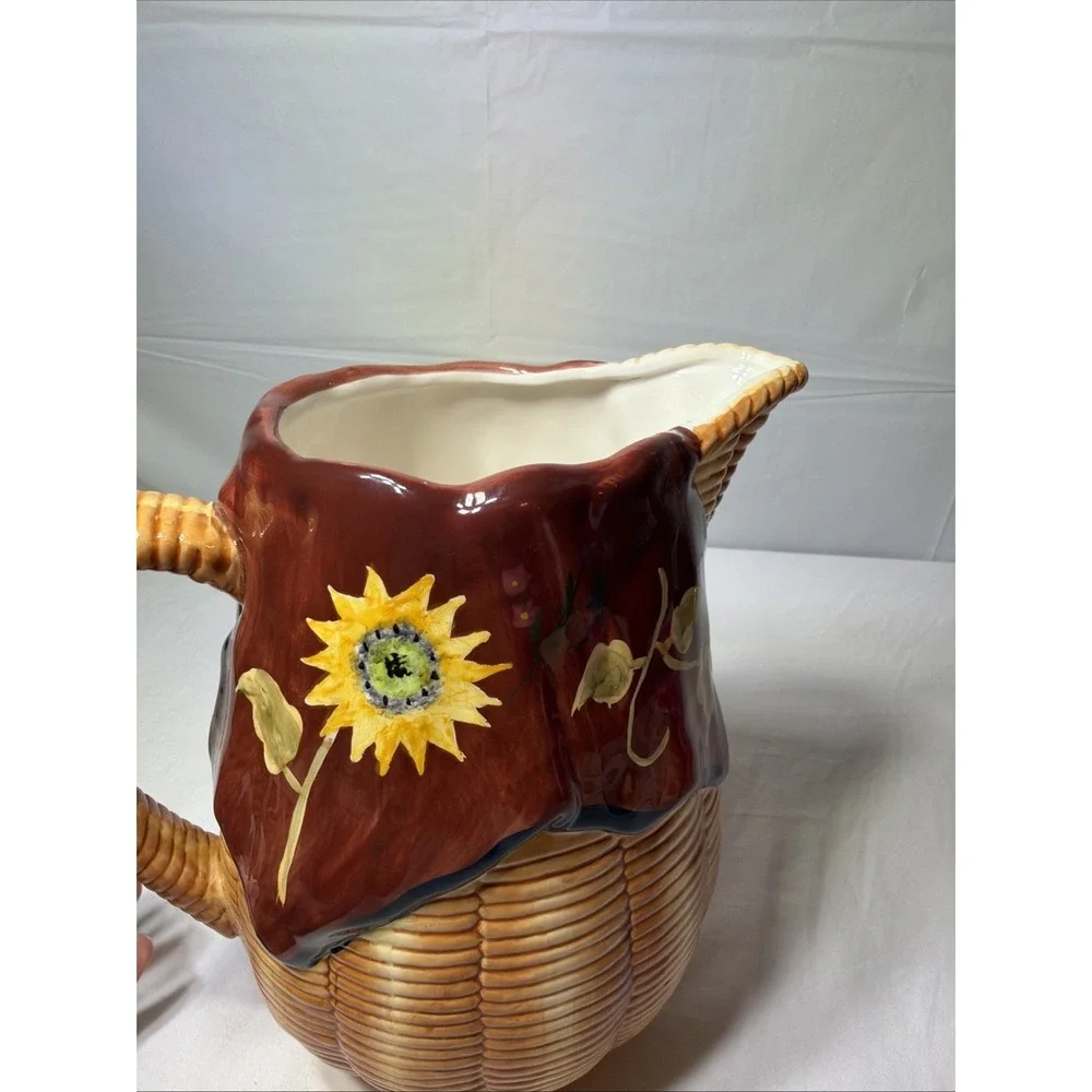 WCL Hand Painted Ceramic Pitcher Basket Weave with Sunflowers 9